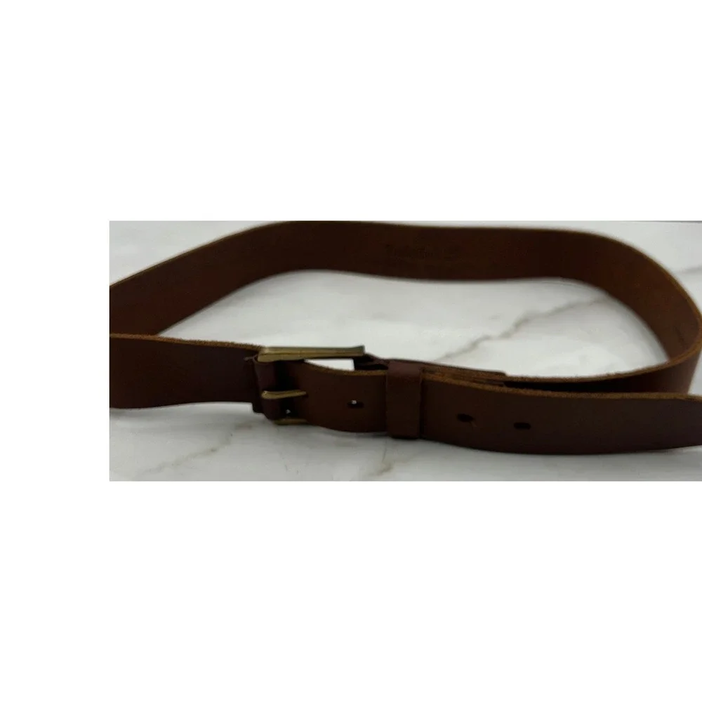 Timberland Mens Brown Genuine Leather Belt Brass Buckle Whipstitch Size 36